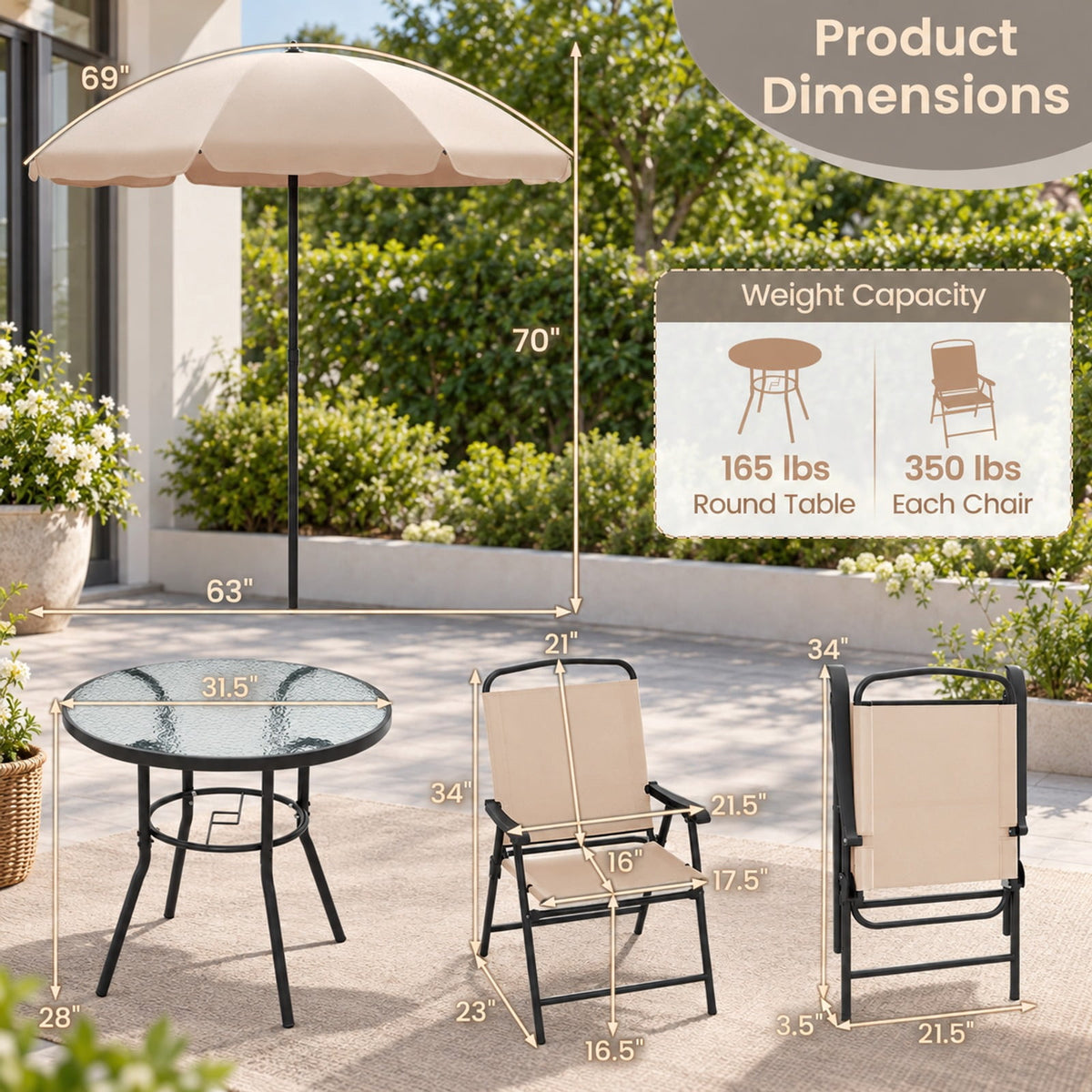 Airfind 6 Pieces Patio Dining Set with Umbrella and 4 Folding Armchairs, 165 lbs Capacity, Metal Fabric Frame, 23 x 21.5 x 34 Footprint, Beige