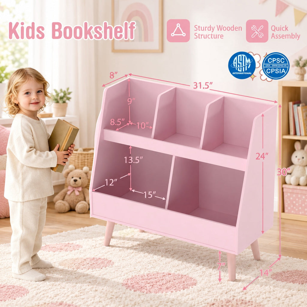 Airfind 5-Cube Kids Bookshelf and Toy Organizer with Anti-Tipping Kits, 68 lbs Capacity, MDF Solid Wood Frame, Pink