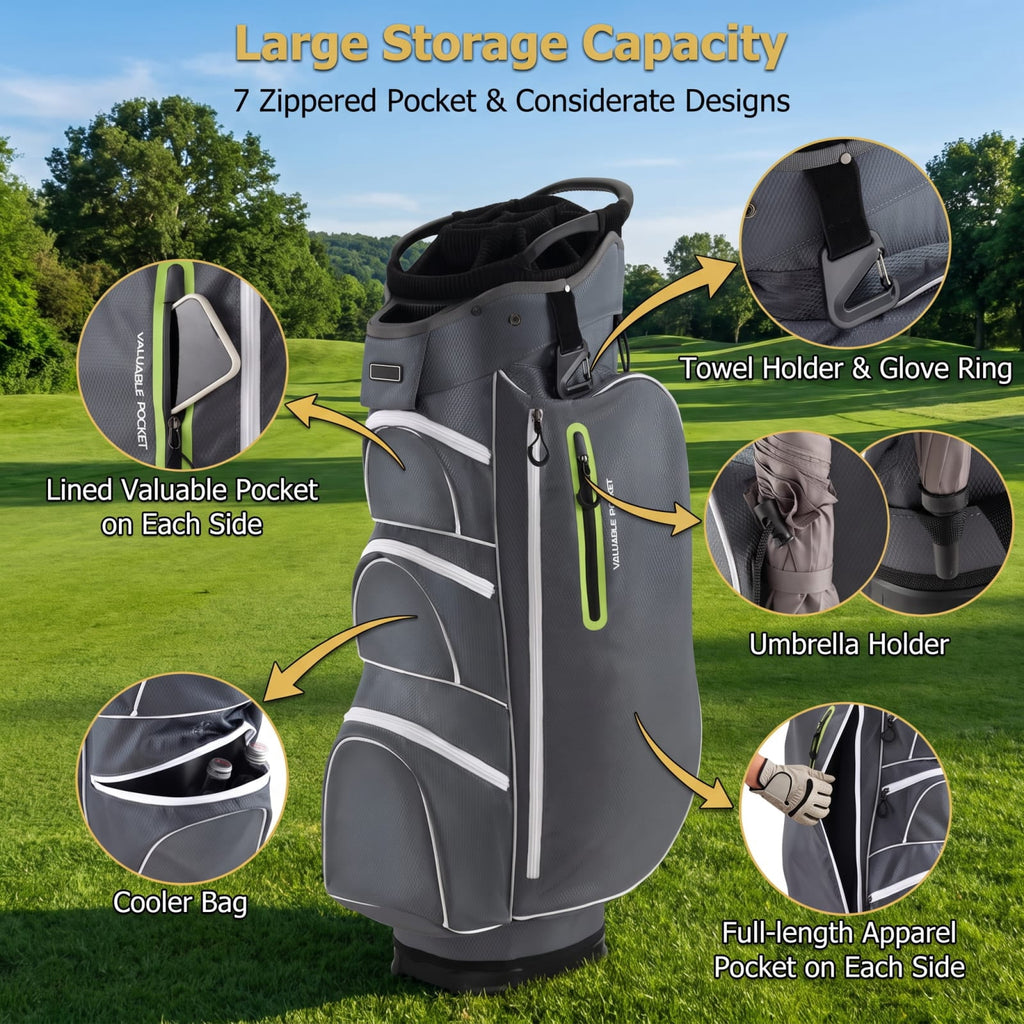 Airfind 9.5 Inch Lightweight Golf Cart Bag with 15 Way Top Dividers and 7 Zippered Pockets and Cooler Bag and Rain Hood, Green