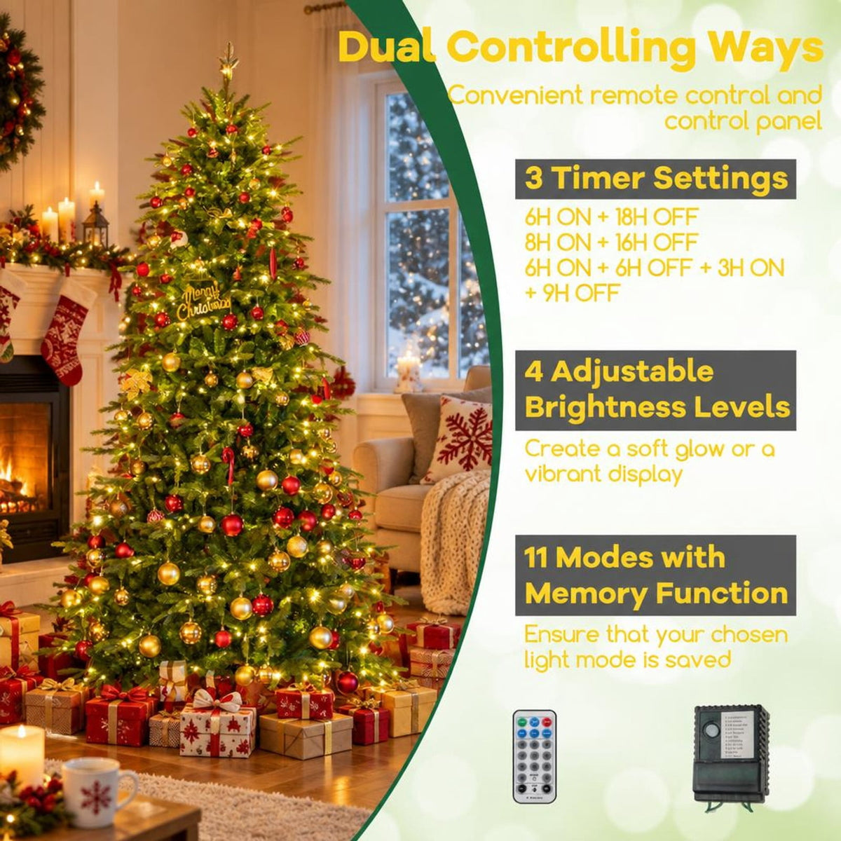 Airfind 9 Ft Pre-lit Artificial Christmas Tree with 560 Color-changeable LED Lights, 1770 Branch Tips, Remote Control, Green