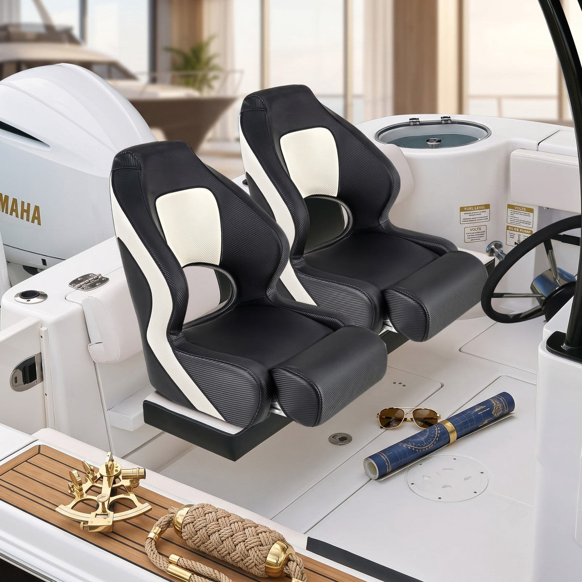 Airfind Captain Bucket Boat Seat with Flip Up Bolster and Curved Armrests for Cabin and Sightseeing Boats, Black and White