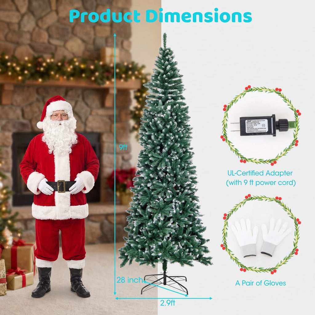 Airfind 9 FT Pre-Lit Artificial Christmas Tree with 1298 Snowy Branch Tips, PVC Metal Tree Height 270 cm Tree Width 88 cm Frame, Blue+Green