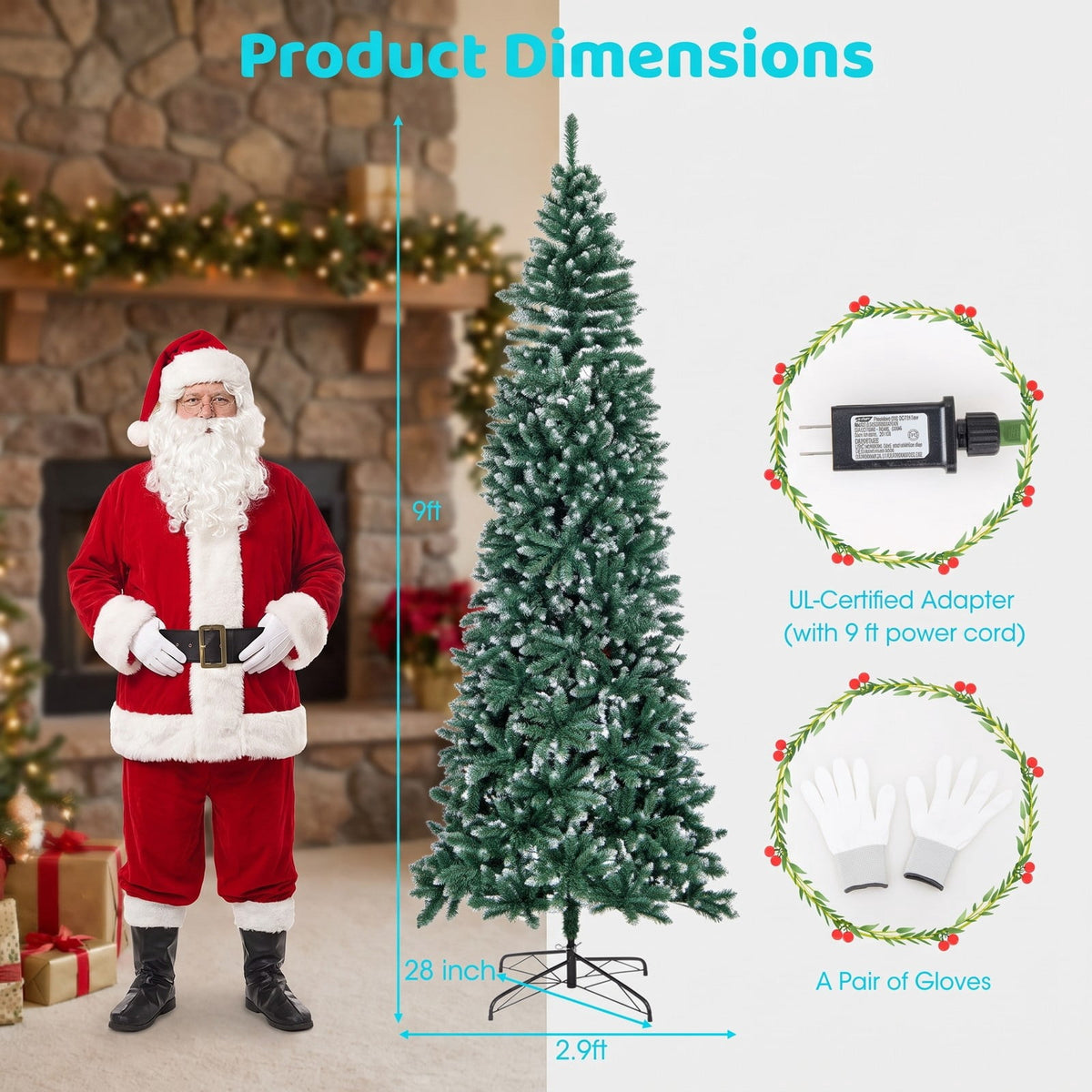 Airfind 9 FT Pre-Lit Artificial Christmas Tree with 1298 Snowy Branch Tips, PVC Metal Tree Height 270 cm Tree Width 88 cm Frame, Blue+Green
