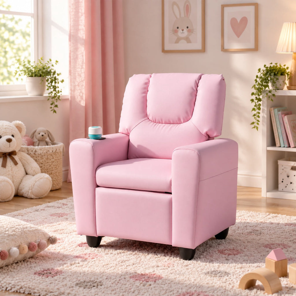 Airfind Kids Recliner Chair Push Back Toddler Reclining Armchair with Cup Holder, 150 lbs Capacity, Wood Frame, for 3+ years old, PInk