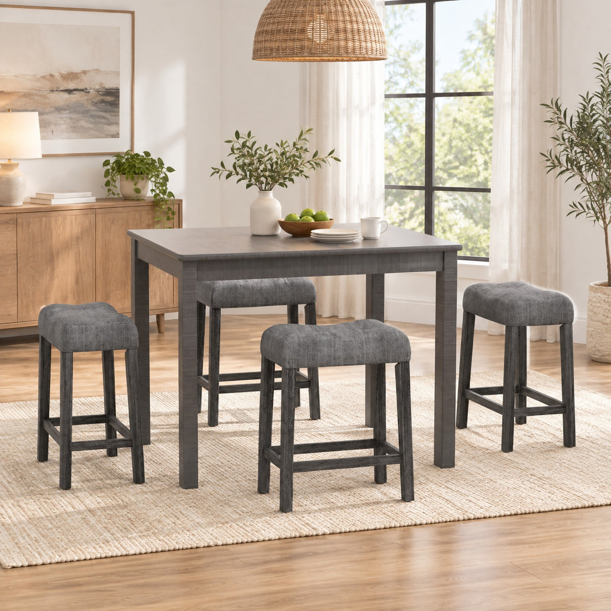 Airfind 24 Inch Set of 2 Saddle Bar Stools with Padded Seat, 350 lbs Capacity, Linen Fabric Sponge Rubber Wood MDF Frame, Gray