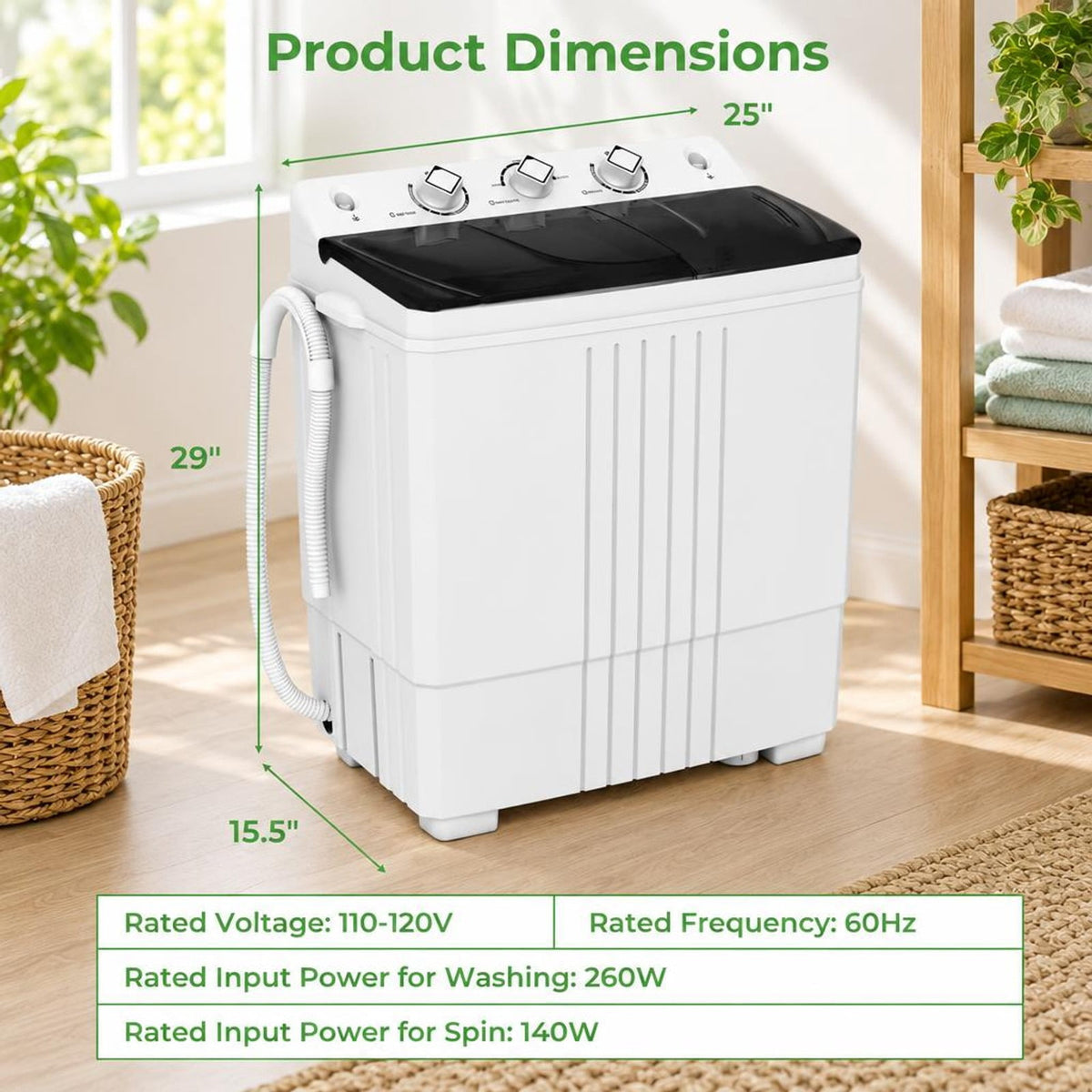 Airfind Portable Washing Machine with Built-in Drain Pump, PP Frame, Black, Suitable for home apartment dorm and RV
