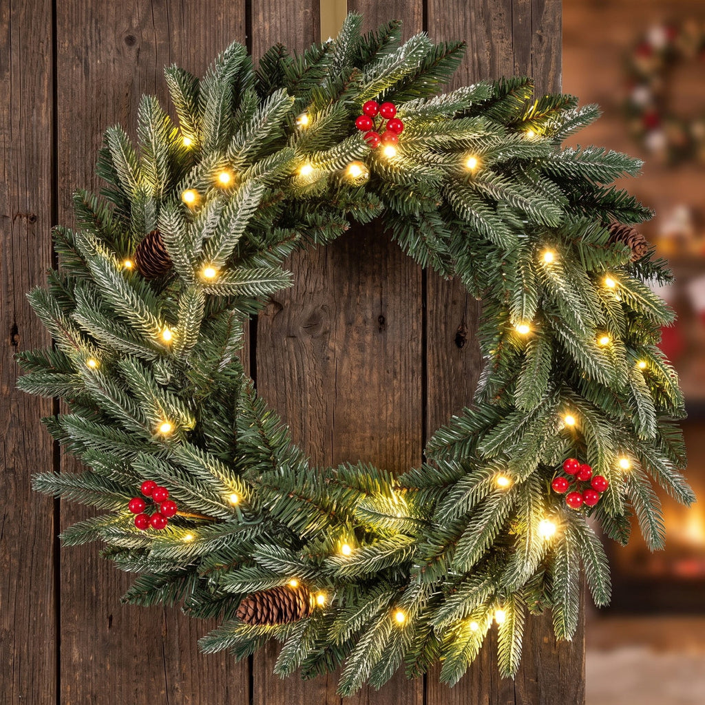 Airfind 24 Pre-lit Christmas Wreath Front Door Artificial Xmas Wreath with 90 Frosted Branch Tips, PVC PE Metal Frame, 24 x 24 Footprint, Green