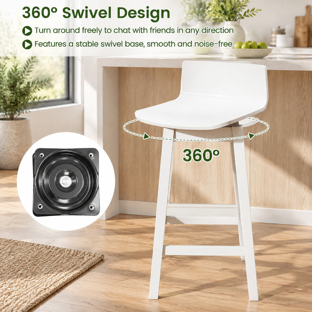 Airfind 24.5 Inch Swivel Wooden Bar Stools Set of 4 with Rubber Wood Legs and Low Back, 350 lbs Capacity, Rubber Wood Plywood Frame, White