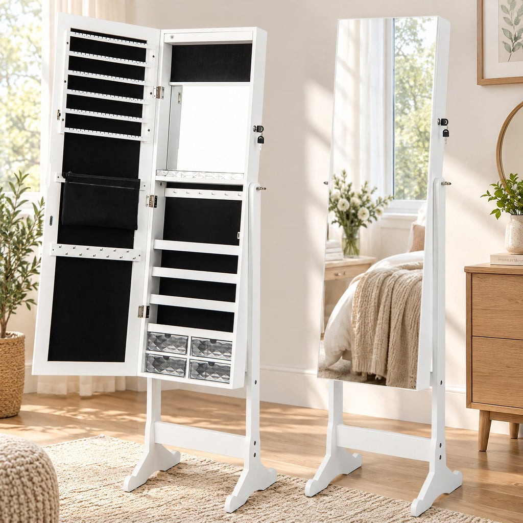 Airfind Free Standing Full Length Jewelry Armoire with LED Lights, P2 MDF Glass Plastic Acrylic Frame, 101in x 72in x 72in Footprint, White