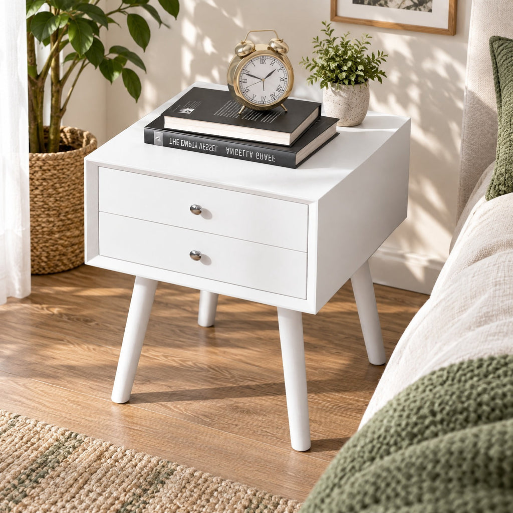Airfind Wooden Nightstand Mid-Century End Side Table with 2 Storage Drawers, 165 lbs Capacity, Rubber Wood Frame, White