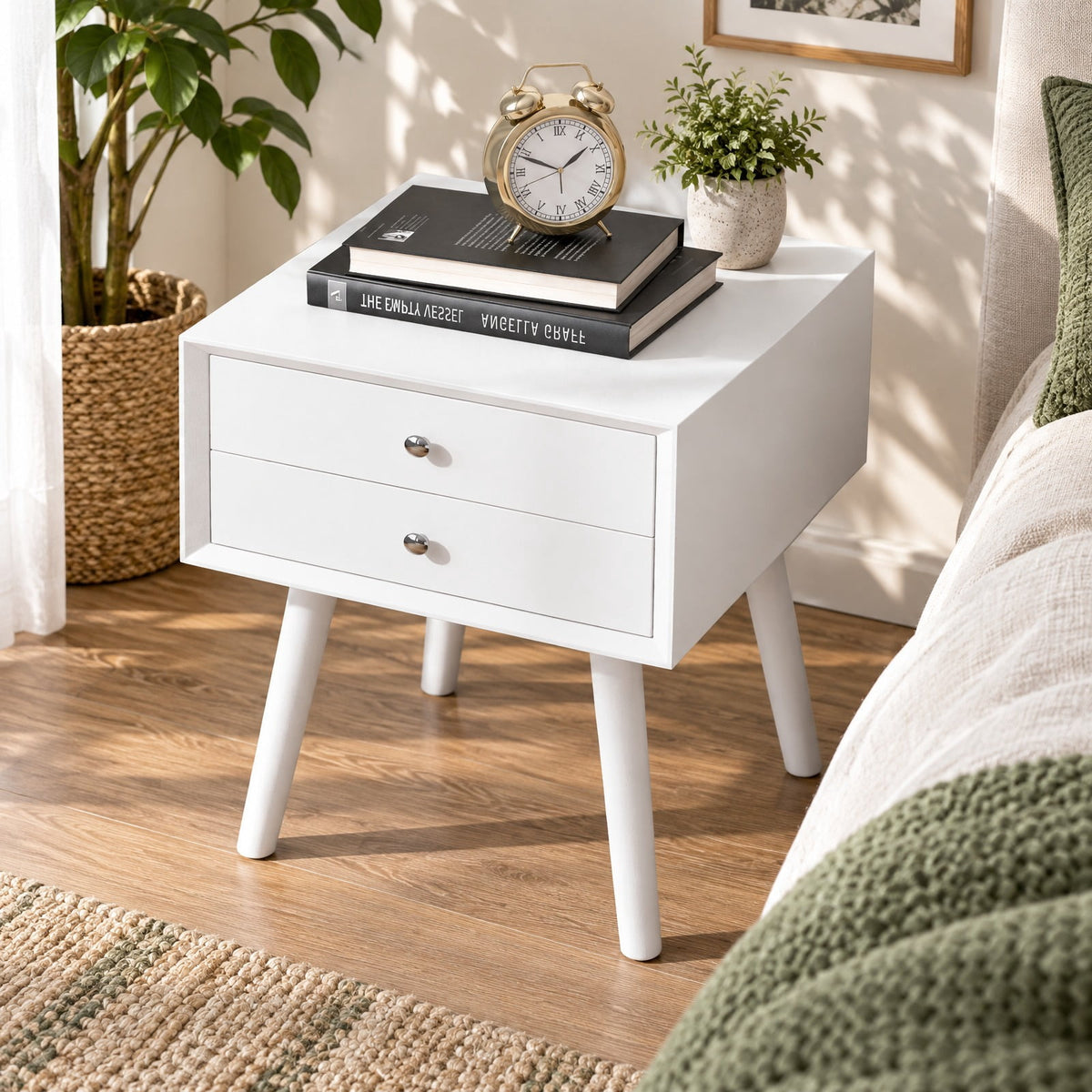 Airfind Wooden Nightstand Mid-Century End Side Table with 2 Storage Drawers, 165 lbs Capacity, Rubber Wood Frame, White