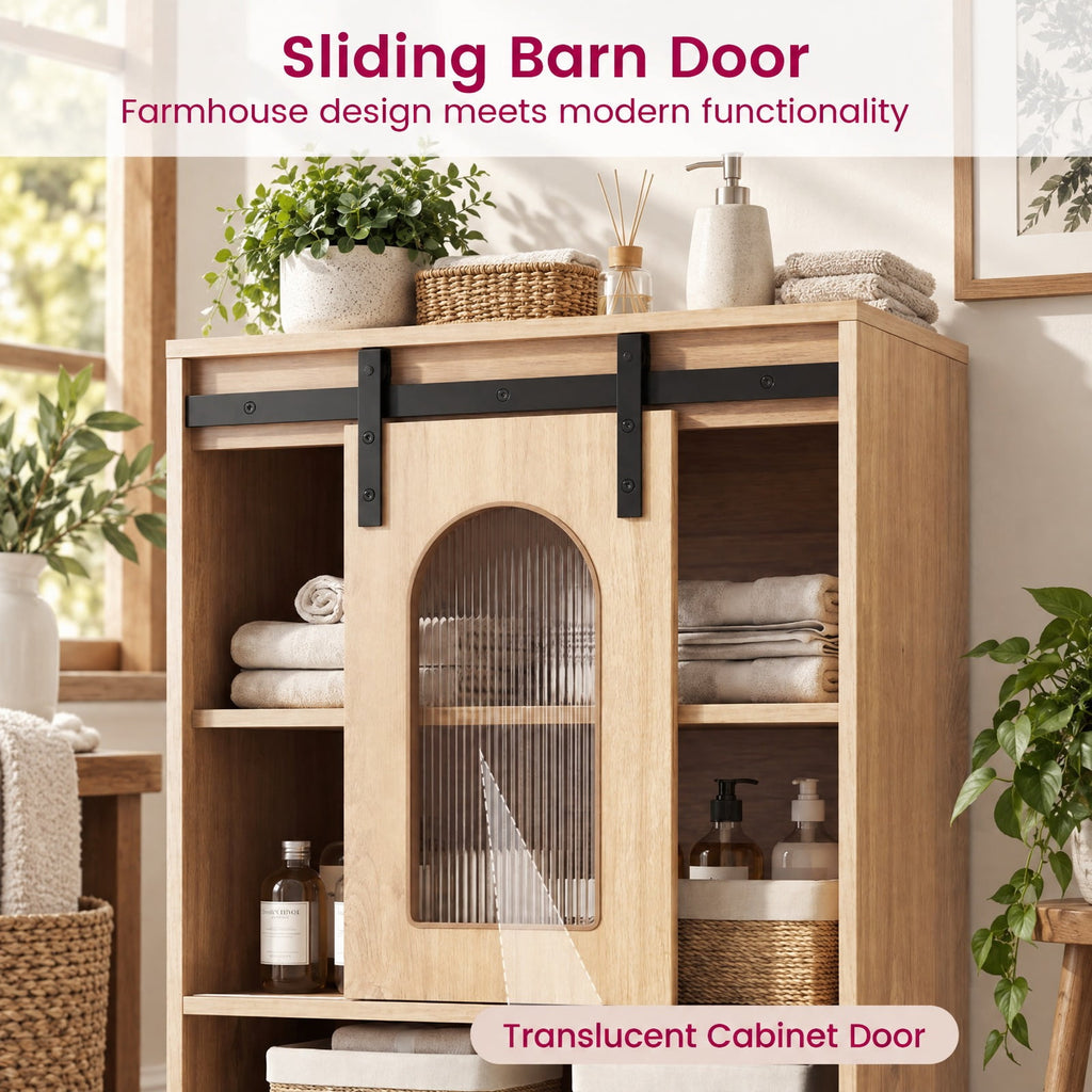 Airfind Farmhouse Bathroom Floor Cabinet with Sliding Barn Door, 44 Lbs Capacity, Engineered Wood, 23.5 Inch X 12 Inch X 59 Inch, Natural