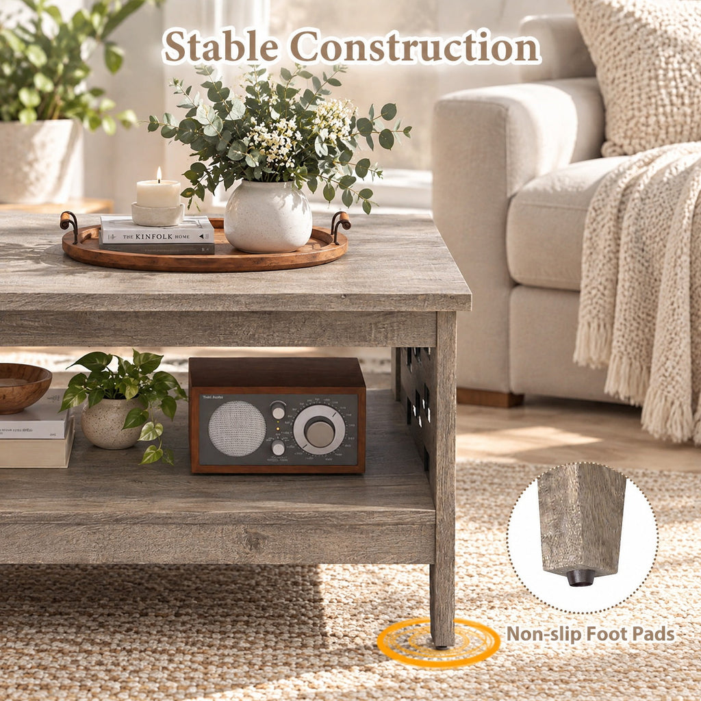 Airfind 2-Tier Farmhouse Coffee Table with Open Shelf and Woven Decorations for Living Room, 135 lbs Capacity, Engineered Wood MDF Frame, Coffee