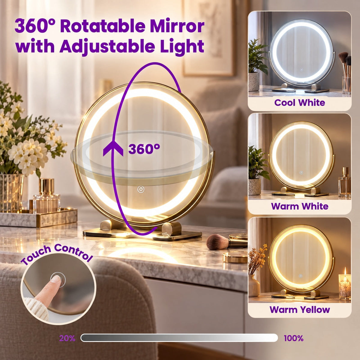 Airfind Vanity Desk with Rotatable Mirror and Lights Modern Dressing Table with 3 Light Colors, Engineered Wood Frame, 32.5 Inch x 21.5 Inch x 67 Inch Footprint