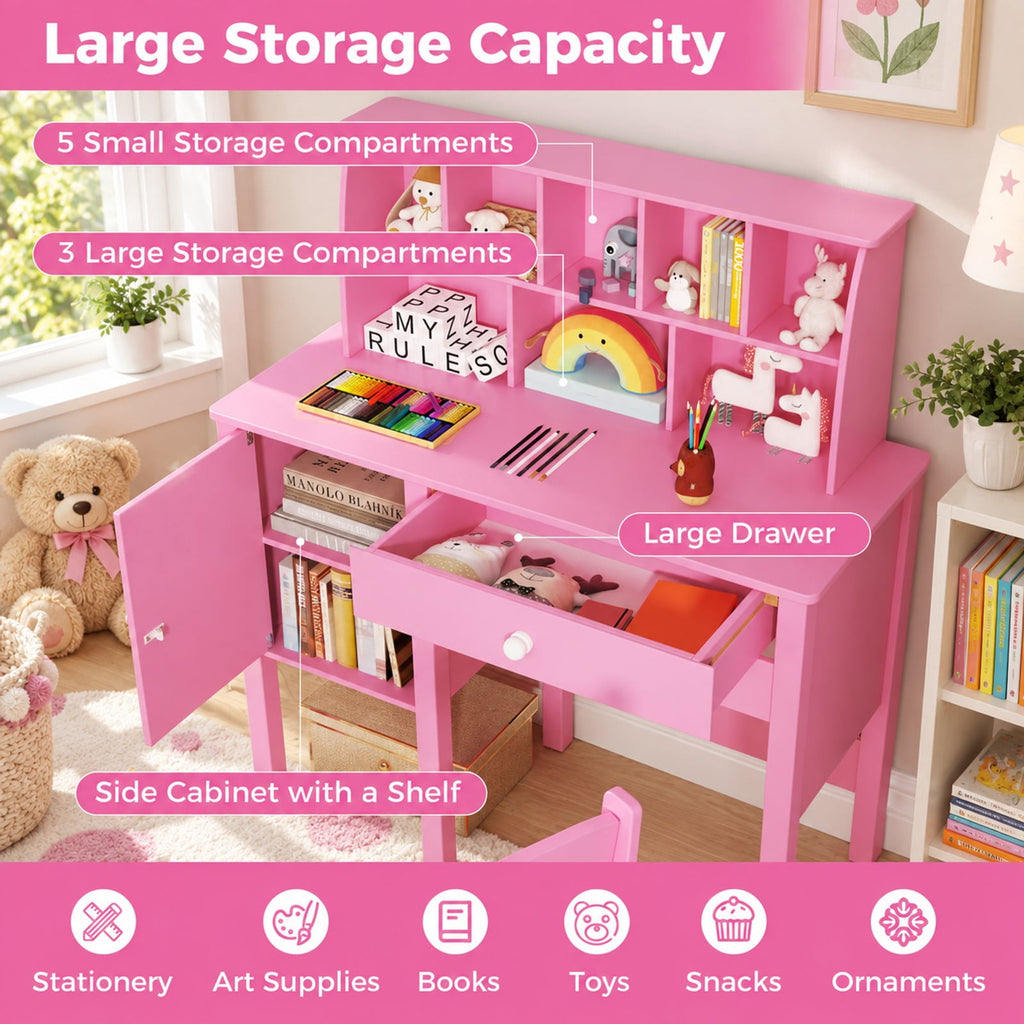 Airfind Kids Study Desk and Chair Set with Chair Hutch and Storage Cabinet for 3+ Years Old, 110 lbs Capacity, MDF Frame, Pink