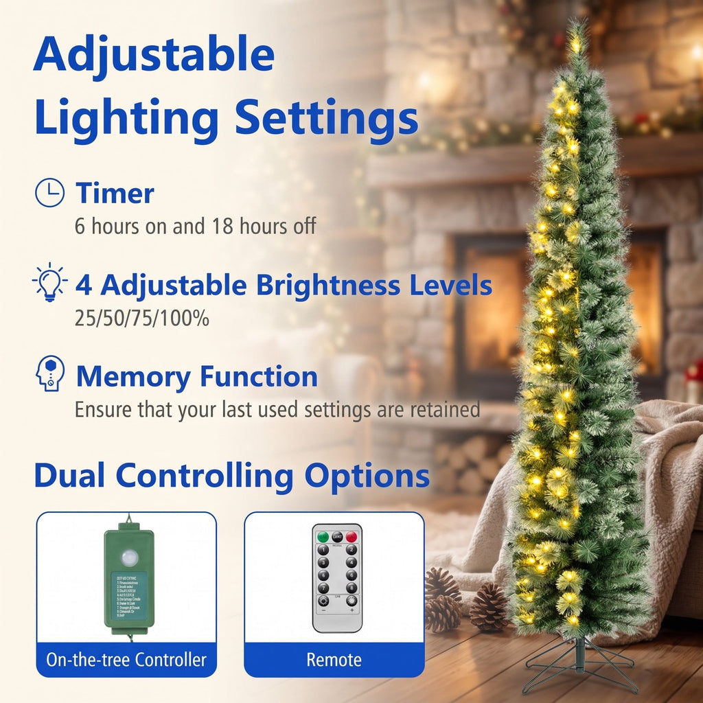 Airfind 6/7/8 FT Pre-Lit Pencil Artificial Christmas Tree with 120/150/200 LED Warm White Lights and 8 Modes, White