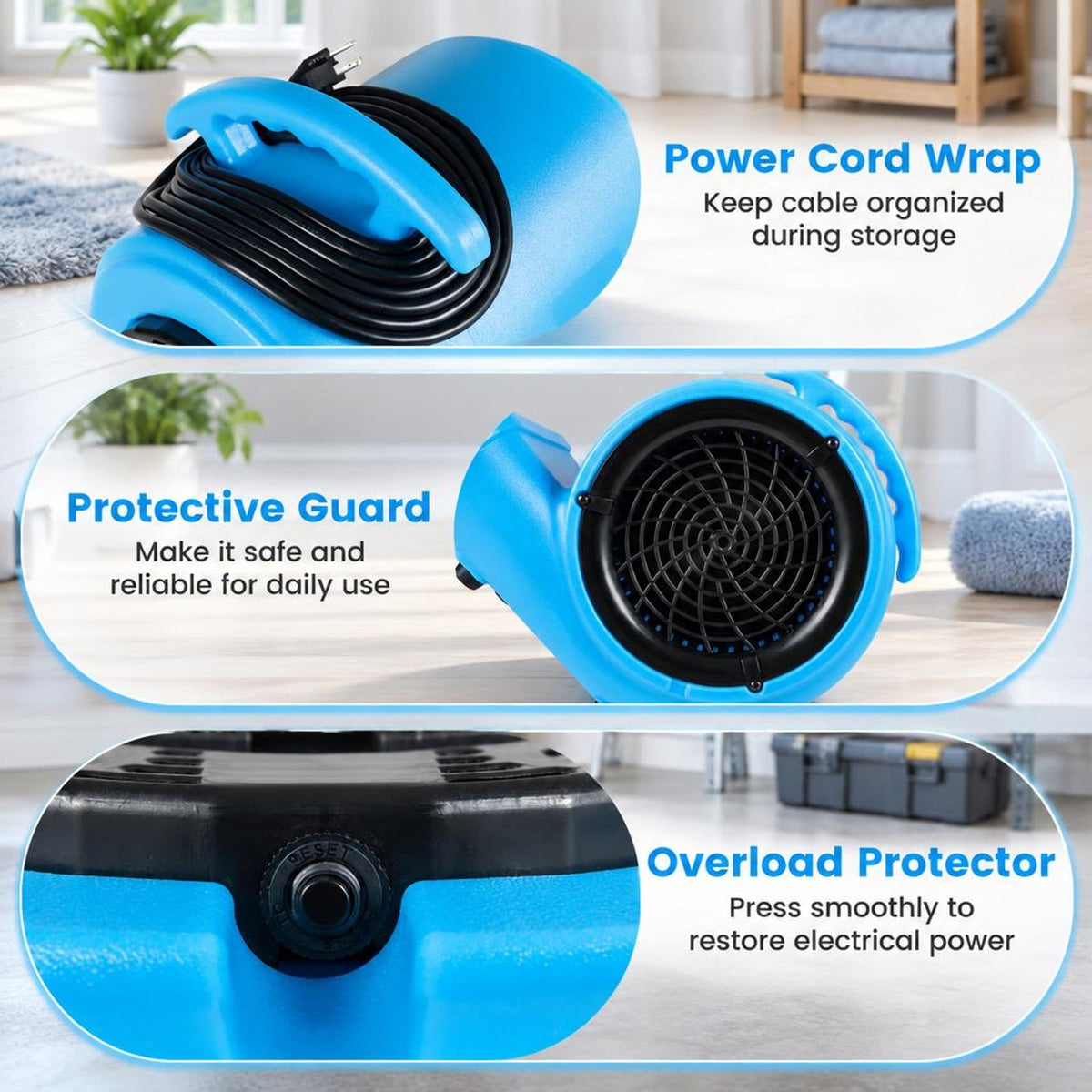 Airfind 1/2 HP Air Mover 3-Speed 2800 CFM Commercial Blower Fan, Polypropylene Frame, 14.5 Inch x 15 Inch x 15.1 Inch Length of Footprint, Blue