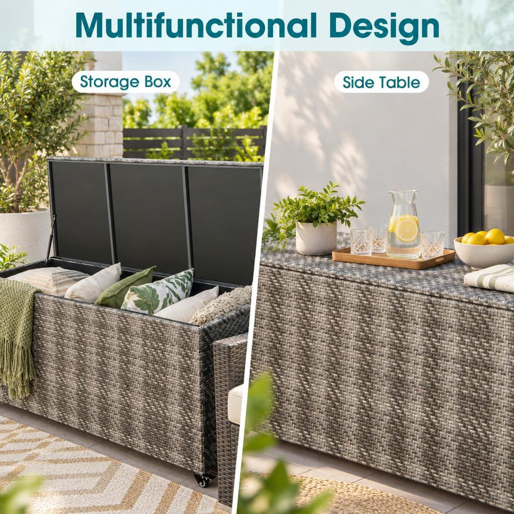 Airfind 96 Gallon PE Wicker Outdoor Storage Box with 4 Wheels, PE Rattan PP Board Metal Polyester Frame, 52 x 22 x 25 Footprint, Gray