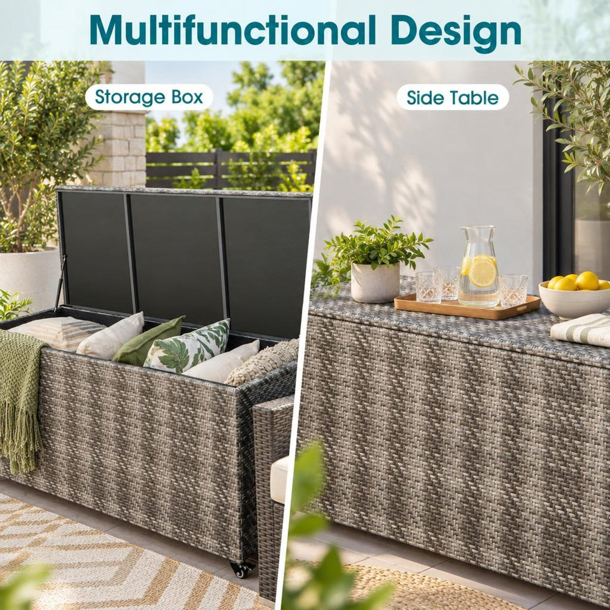 Airfind 96 Gallon PE Wicker Outdoor Storage Box with 4 Wheels, PE Rattan PP Board Metal Polyester Frame, 52 x 22 x 25 Footprint, Gray