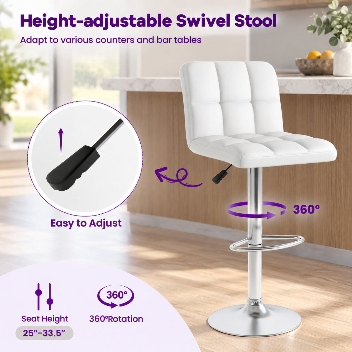 Airfind Set of 2 Square Swivel Adjustable PU Leather Bar Stools with Back and Footrest, 250 lbs Capacity, PU leather steel sponge Frame, White