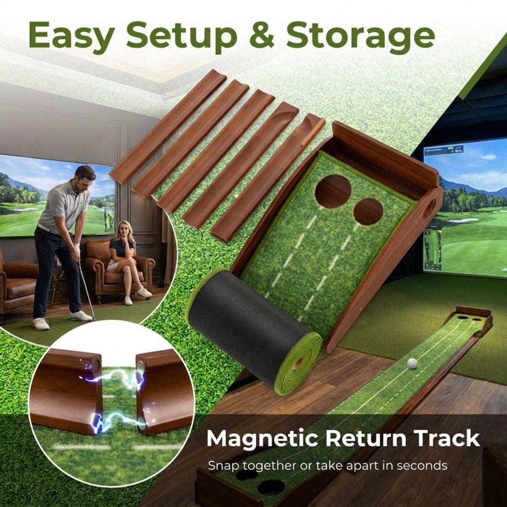 Airfind 10 ft Indoor Putting Mat with Wood Track, Auto Ball Return and 2 Hole Sizes, Brown