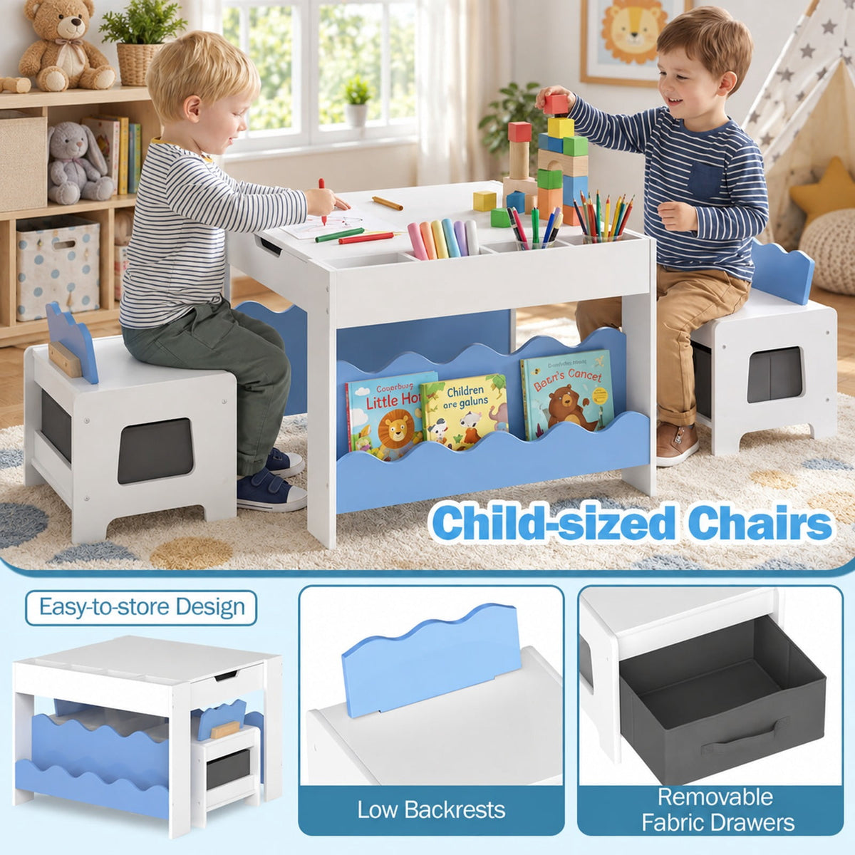 Airfind Multi-purpose Activity Kids Table and Chairs Set with Double-sided Tabletop, 55 lbs Capacity, MDF Frame, 26 Inch x 25 Inch x 19 Inch Footprint, Blue