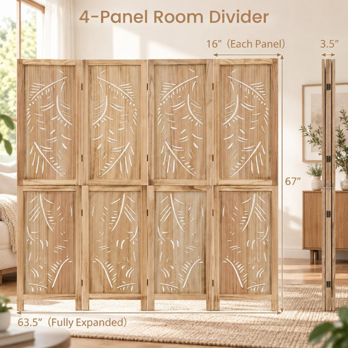 Airfind 4-Panel Wooden Room Divider with Palm Leaf Design and Paulownia Frame for Home, 67in x 16in x 3.5in Footprint, Natural