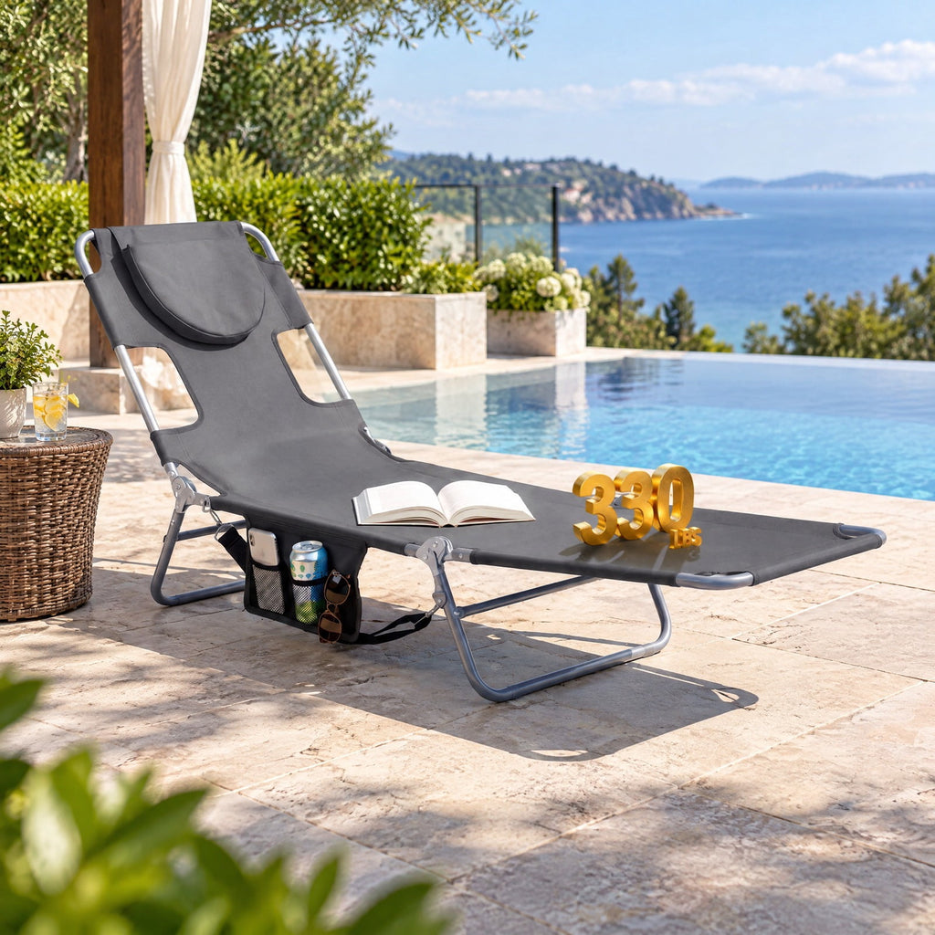 Airfind Folding Beach Lounge Chair with Adjustable Backrest for Lawn, 330 lbs Capacity, Metal Oxford Fabric Polyester Sponge Frame, Gray