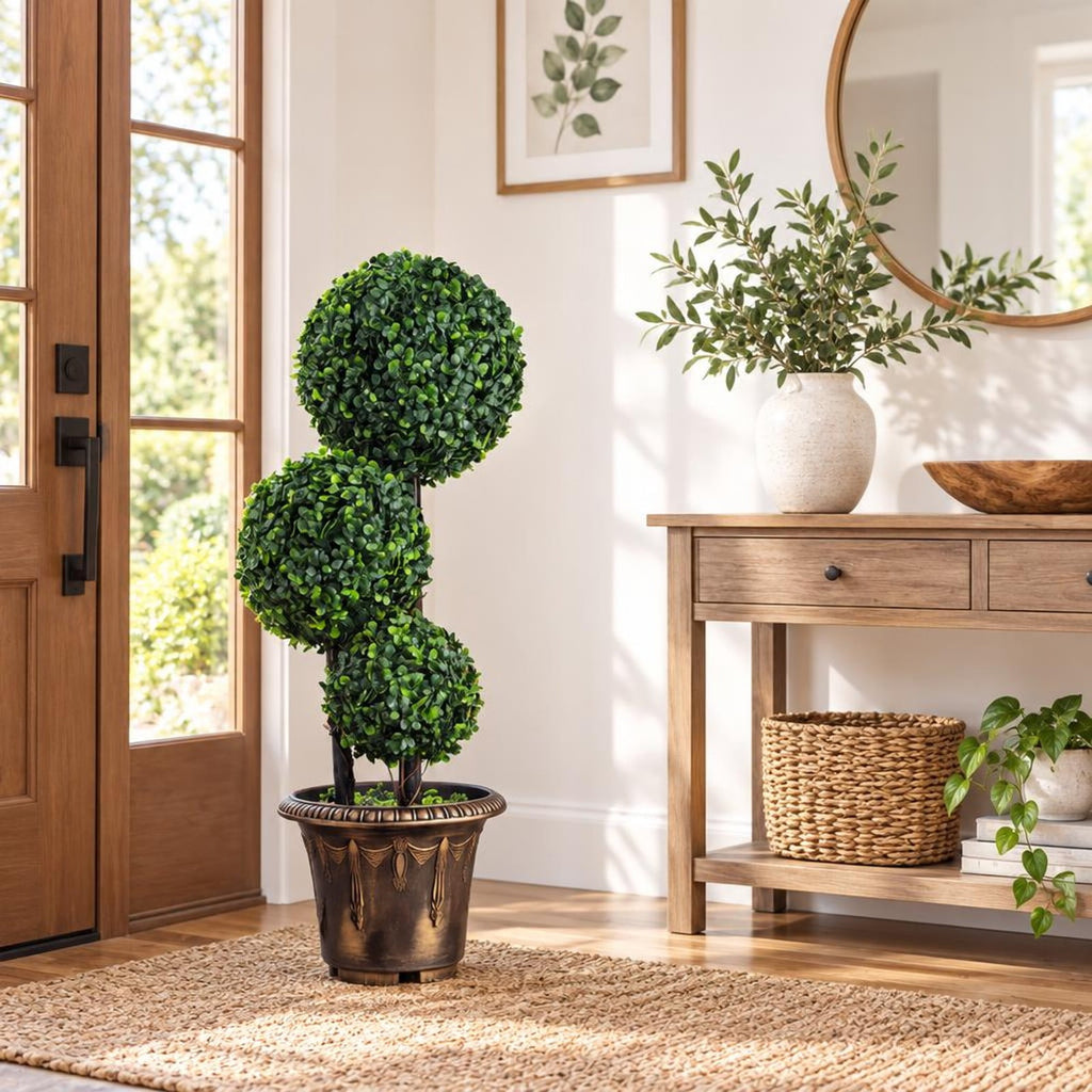 Airfind 29 Inches Artificial Boxwood Topiary Tree Triple Ball Shrubs, PE Metal Solid Wood Cement PP Tree Height 29 Inch/35 Inch Pot, Black