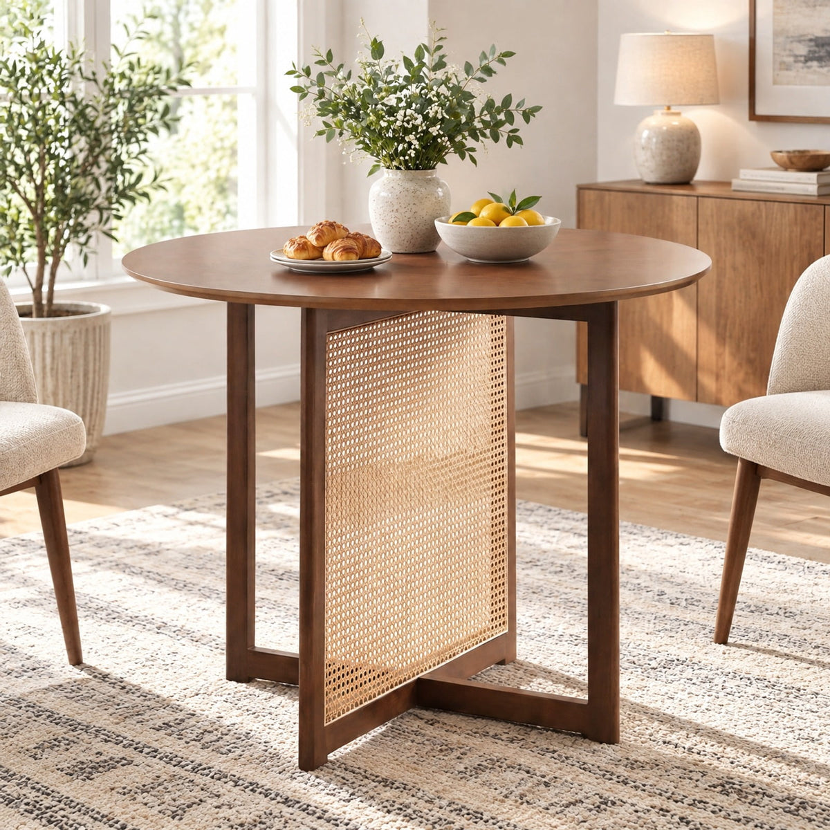 Airfind 37.5 Inch Round Dining Table with Cross Pedestal Base, 165 lbs Capacity, MDF Rubber Wood PE Rattan Frame, 37.5 x 29.5 Footprint, Walnut