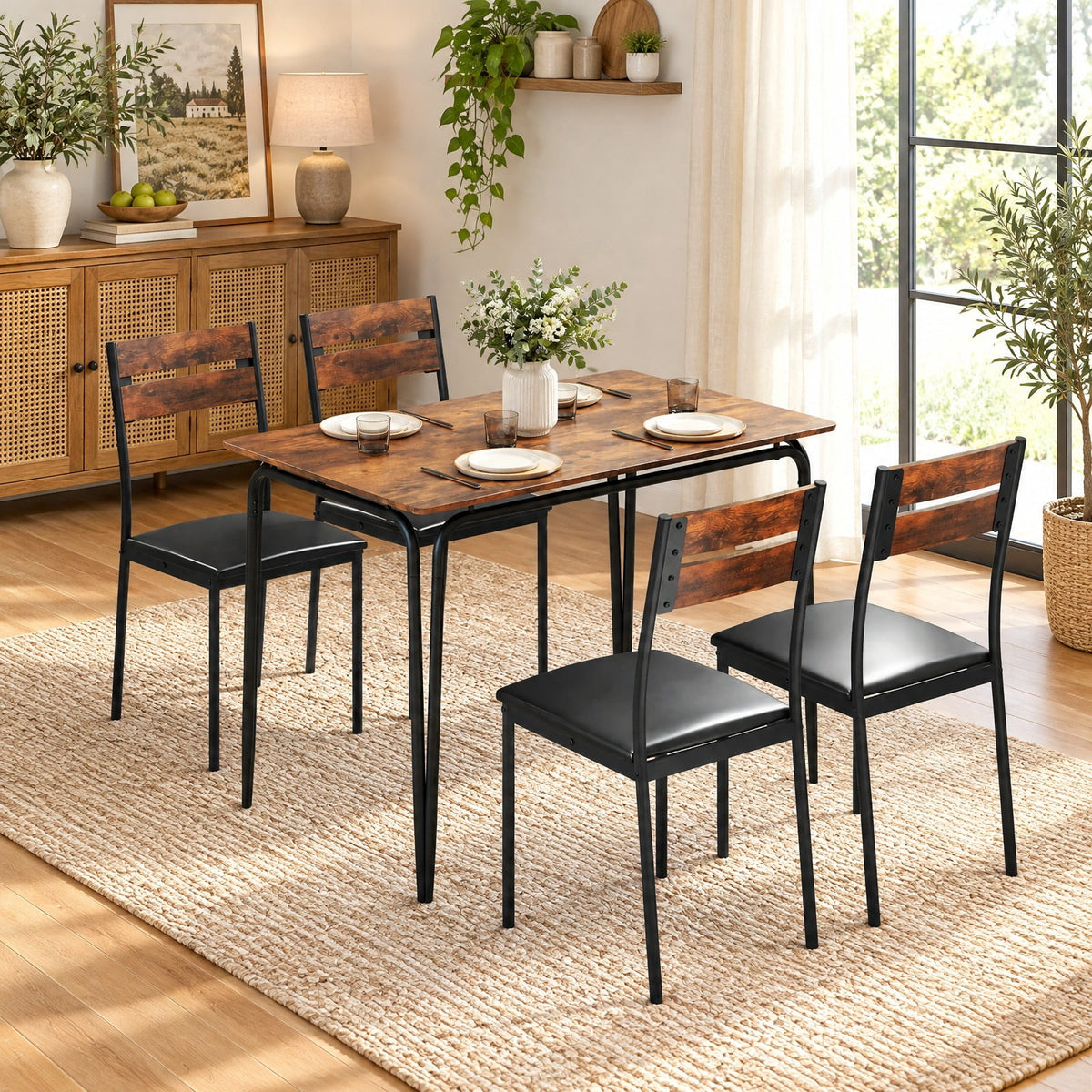 Airfind 5-Piece Dining Table Set Industrial Rectangular Kitchen Table and 4 Armless Chairs, 220 lbs Capacity, MDF Metal PU Leather Sponge Frame