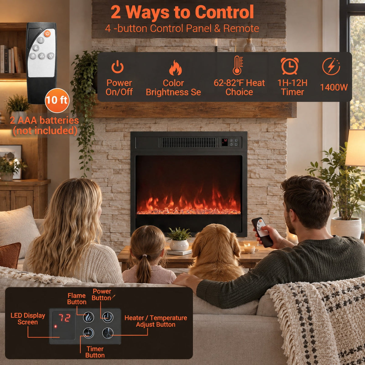 Airfind 5000 BTU 18-Inch Electric Fireplace Insert featuring Remote Control and Brightness, Metal Tempered Glass PP Frame, Black