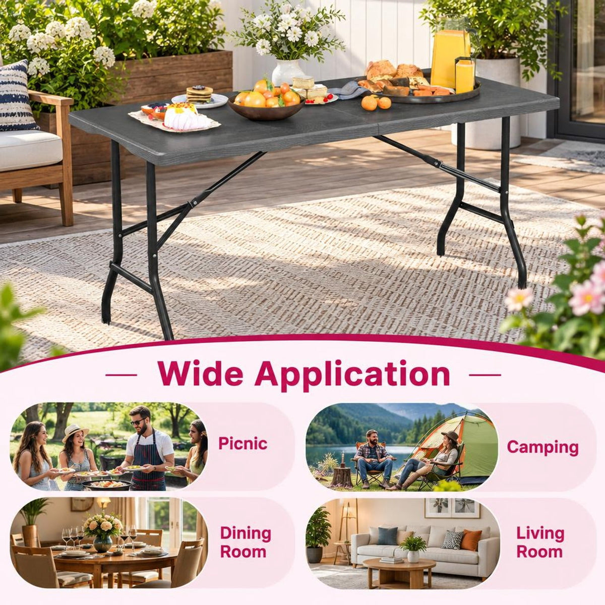 Airfind 5FT Folding Picnic Table with Wood Grain HDPE Tabletop and Non-slip Foot Pads, 400 lbs Capacity, HDPE Metal Frame, Black
