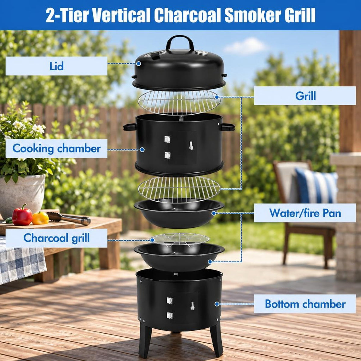 Airfind 3-in-1 Charcoal BBQ Grill Cambo with Built-in Thermometer, Steel porcelain enamel Frame, Charcoal