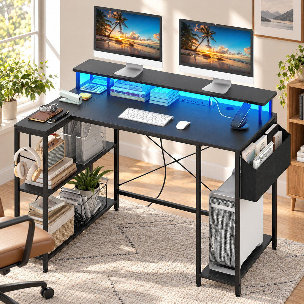 Airfind L-Shaped Gaming Desk with LED Lights and Power Outlets, 200 lbs Capacity, Engineered Wood Metal Frame, 48 x 31.5 x 34.5 Footprint, Black