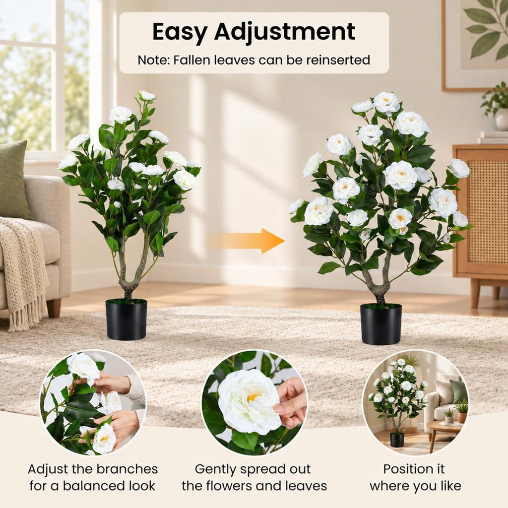 AIRFIND Artificial Camellia Tree, 35.5 in Faux Flower Plant with 24 Blossoms, 174 Leaves and Cement-Filled Pot for Home Decor, White