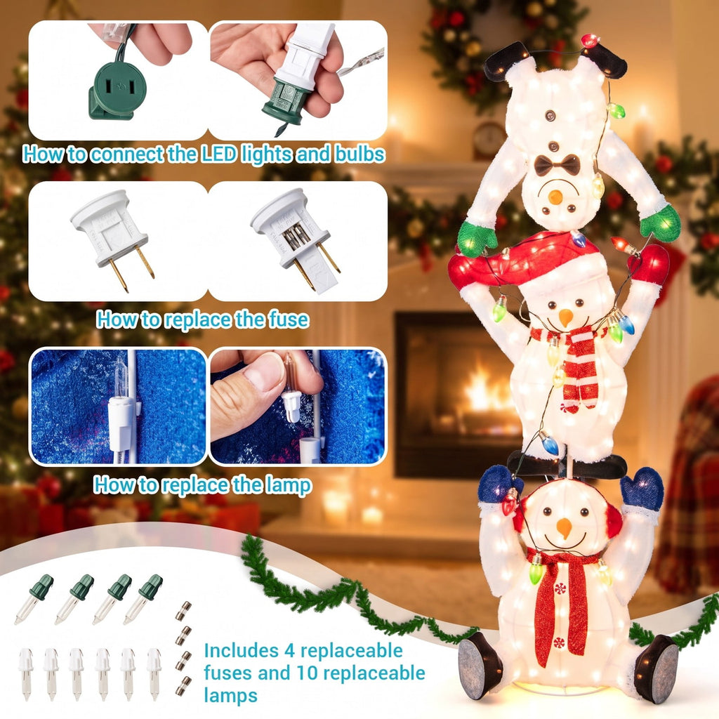 Airfind 5.6 Feet Lighted Stacked Snowmen Christmas Decoration, Plush Fabric Metal Frame, White, Overall Dimensions 1.9 x 1.3 x 5.6 ft (L