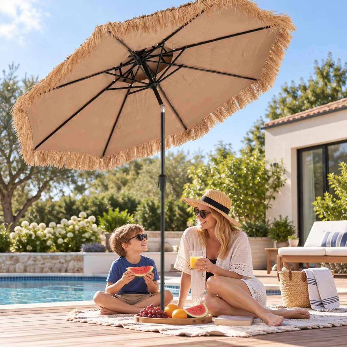 Airfind 9 Feet Thatched Tiki Umbrella with 8 Ribs, PE iron polyester fabric Frame, 9 x 9 x 8.3 (L x W x H) Tilt angle range: 0-30° Footprint