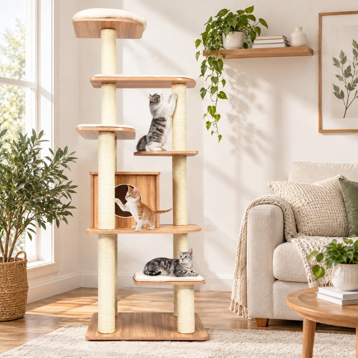 Airfind 7-Layer Wooden Cat Tree Tall Cat Tower with Sisal Posts and Condo, 33 lbs Capacity, Engineering Board Sisal Rope Plush Frame, Natural