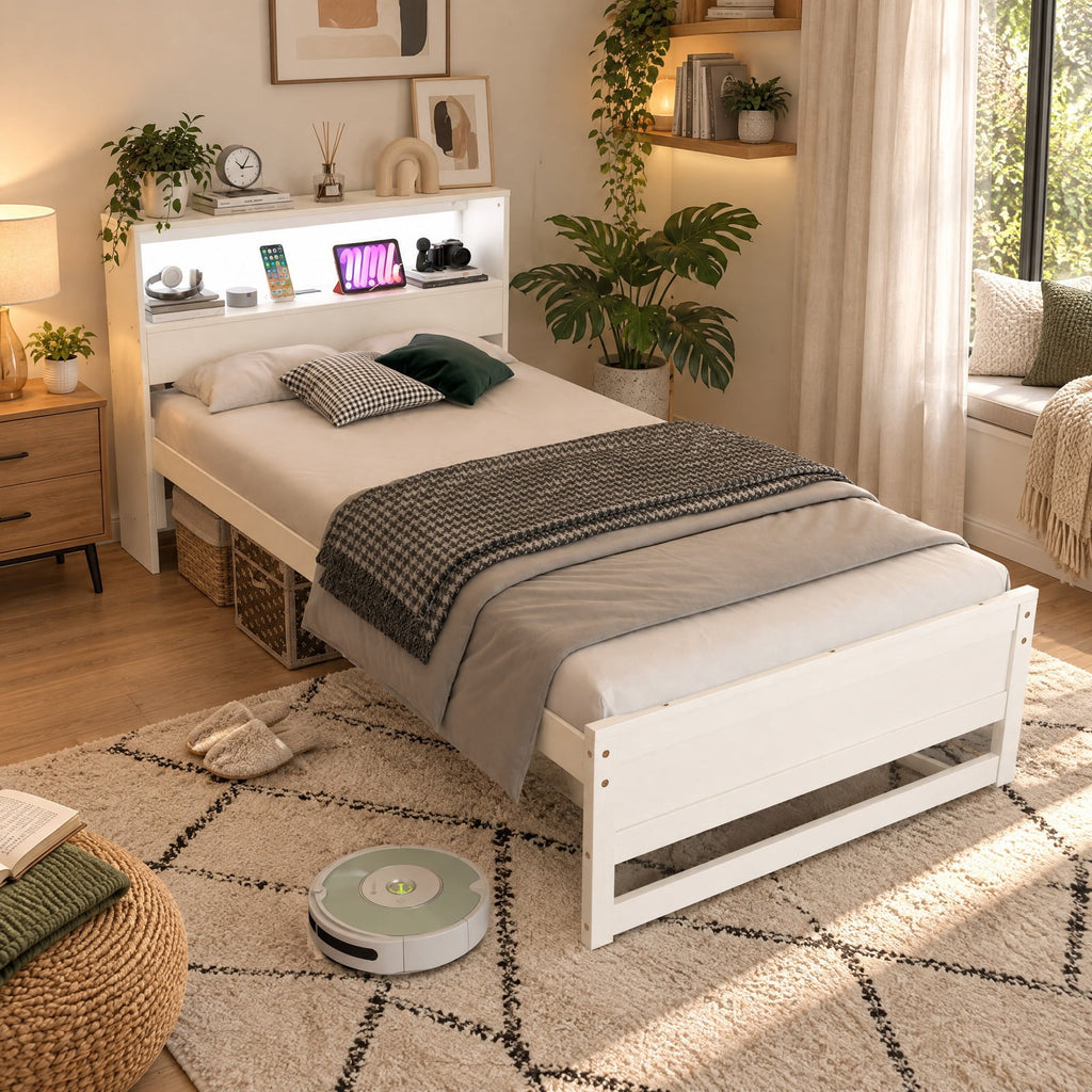 Airfind Twin Size Bed Frame with Storage Headboard and Charging Station, 200 lbs Capacity, Plywood Pine Wood MDF Engineered Wood Frame, White