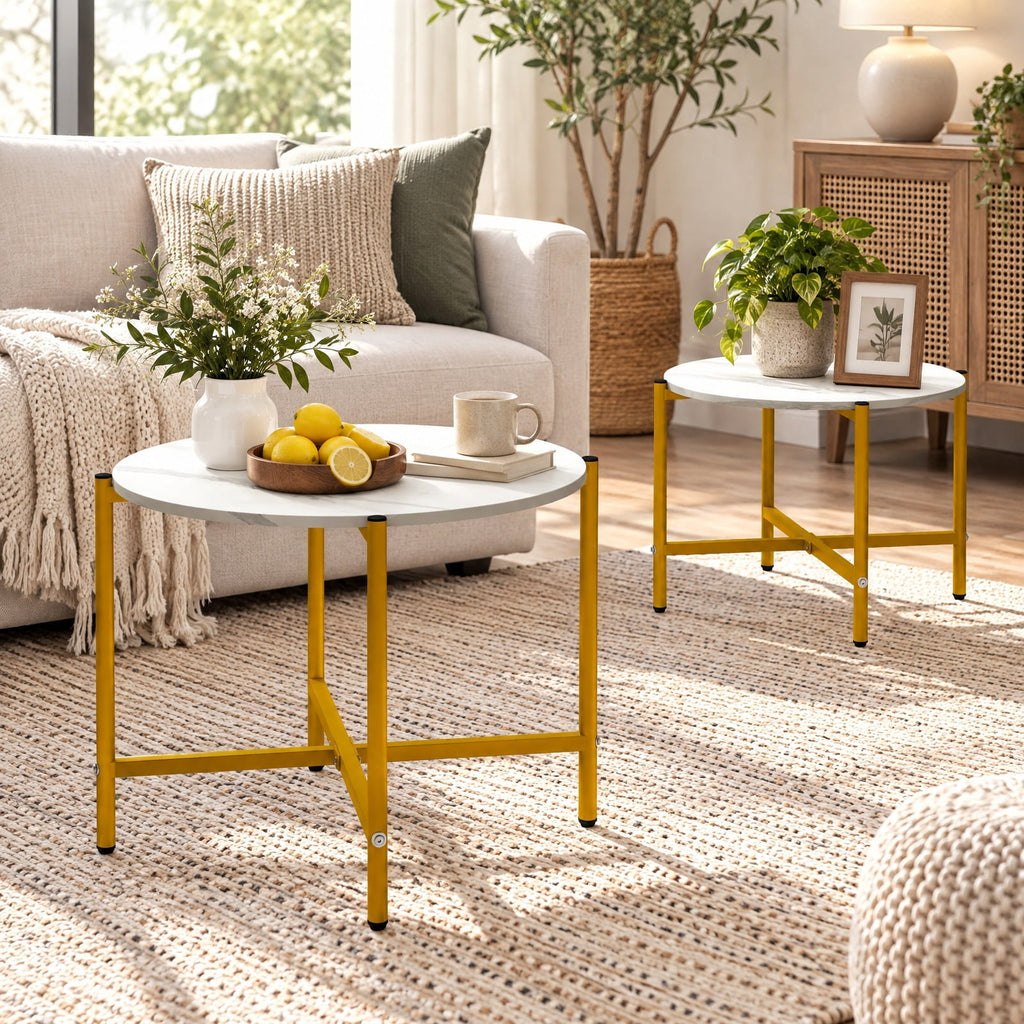 Airfind Round Coffee Table Set of 2 with Heavy-Duty Metal Frame, 200 lbs Capacity, Engineered Wood Metal Frame, 25.5 x 25.5 x 20 Footprint, White