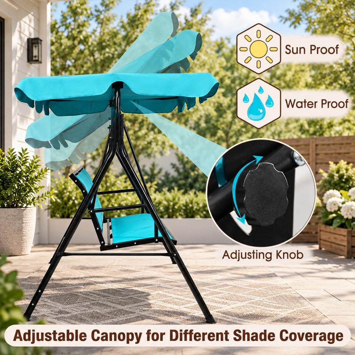 Airfind Outdoor Patio 3 Person Porch Swing Bench Chair with Canopy, 550 lbs Capacity, Steel textile fiber polyester Frame, Blue