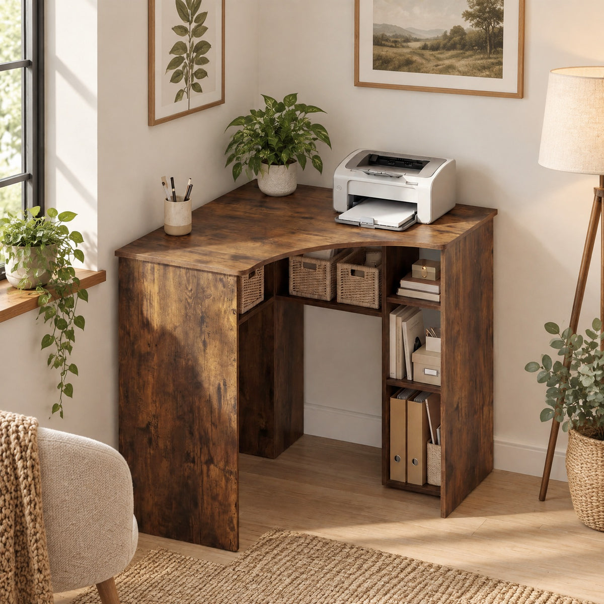 Airfind Corner Computer Desk Triangle Home Office Desk with Adjustable Shelf and Arc-Shaped Profile, 100 lbs Capacity, Brown
