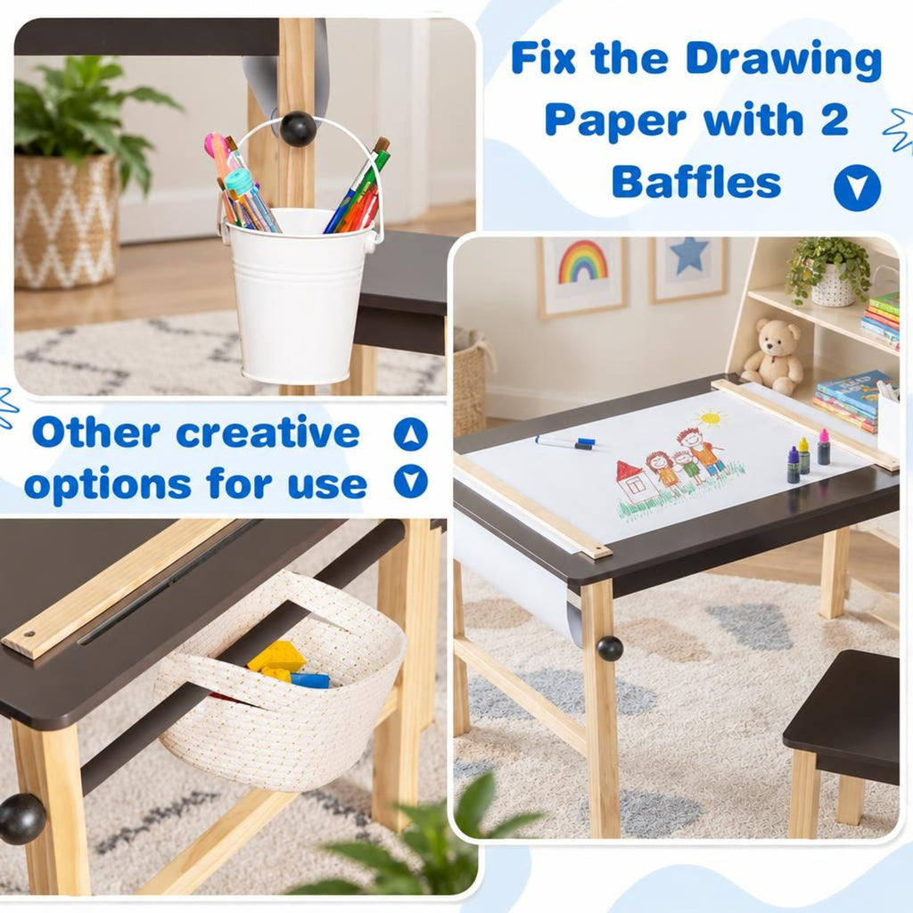 AIRFIND Kids Art Table and Two Chairs with Paper Roll, Raised Storage Shelf and Bins, Pine Wood Legs for Ages 3 and Up, Coffee and Natural