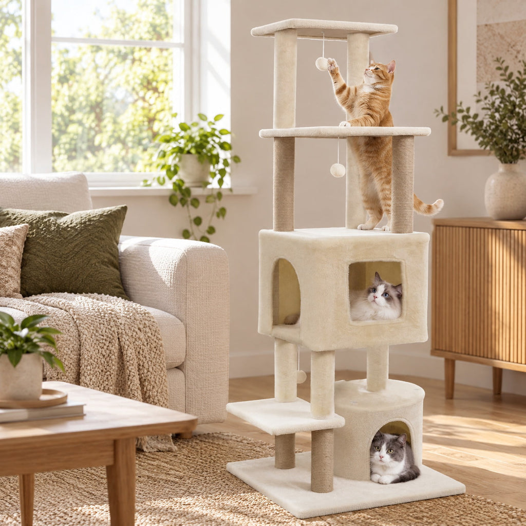 Airfind 64 Inch Tall Cat Tree with 2 Large Condos and Jute Scratching Posts for Indoor Adult Cats, 33 lbs Capacity, Beige