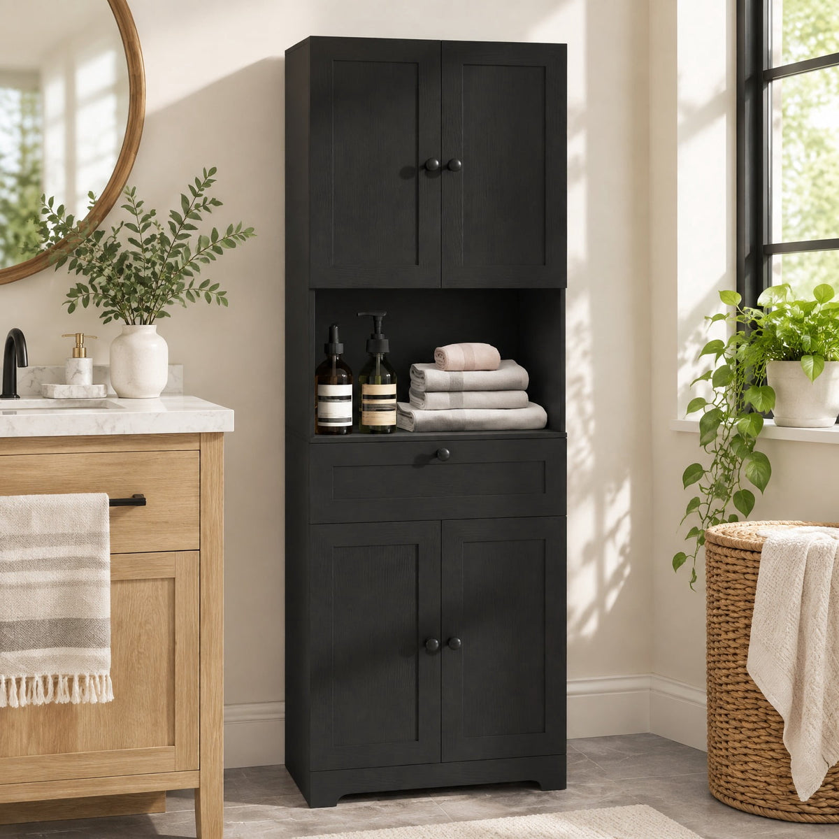 Airfind 67.5 Inch Tall Modern Freestanding Floor Storage Cabinet with 4 Doors and 1 Drawer, 243 lbs Capacity, MDF Engineered Wood Frame, Black