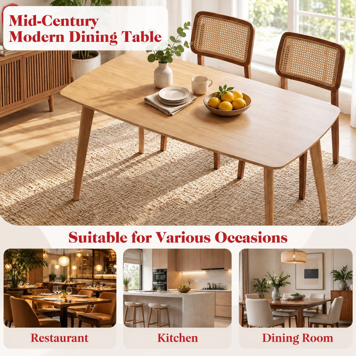 Airfind 55 Solid Wood Dining Table for 4-6 People with Rounded Edges, 220 lbs Capacity, 55 x 27.5 x 30 Footprint, Natural