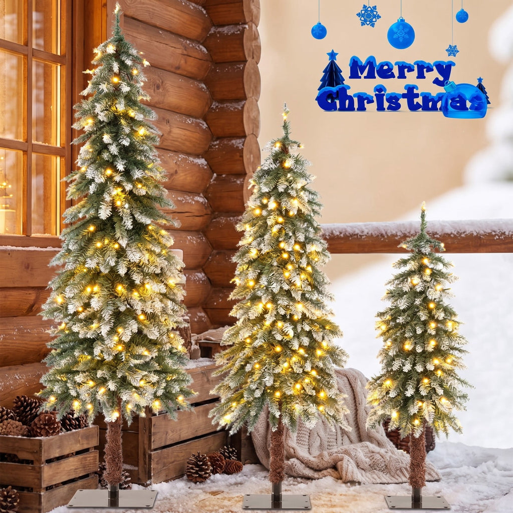 Airfind Pre-Lit Christmas Tree Set of 3, PVC Metal Tree Height (Small/Medium/Big) 3 ft Tree Width (Small/Medium/Big) 1.3 ft Frame, Green and White