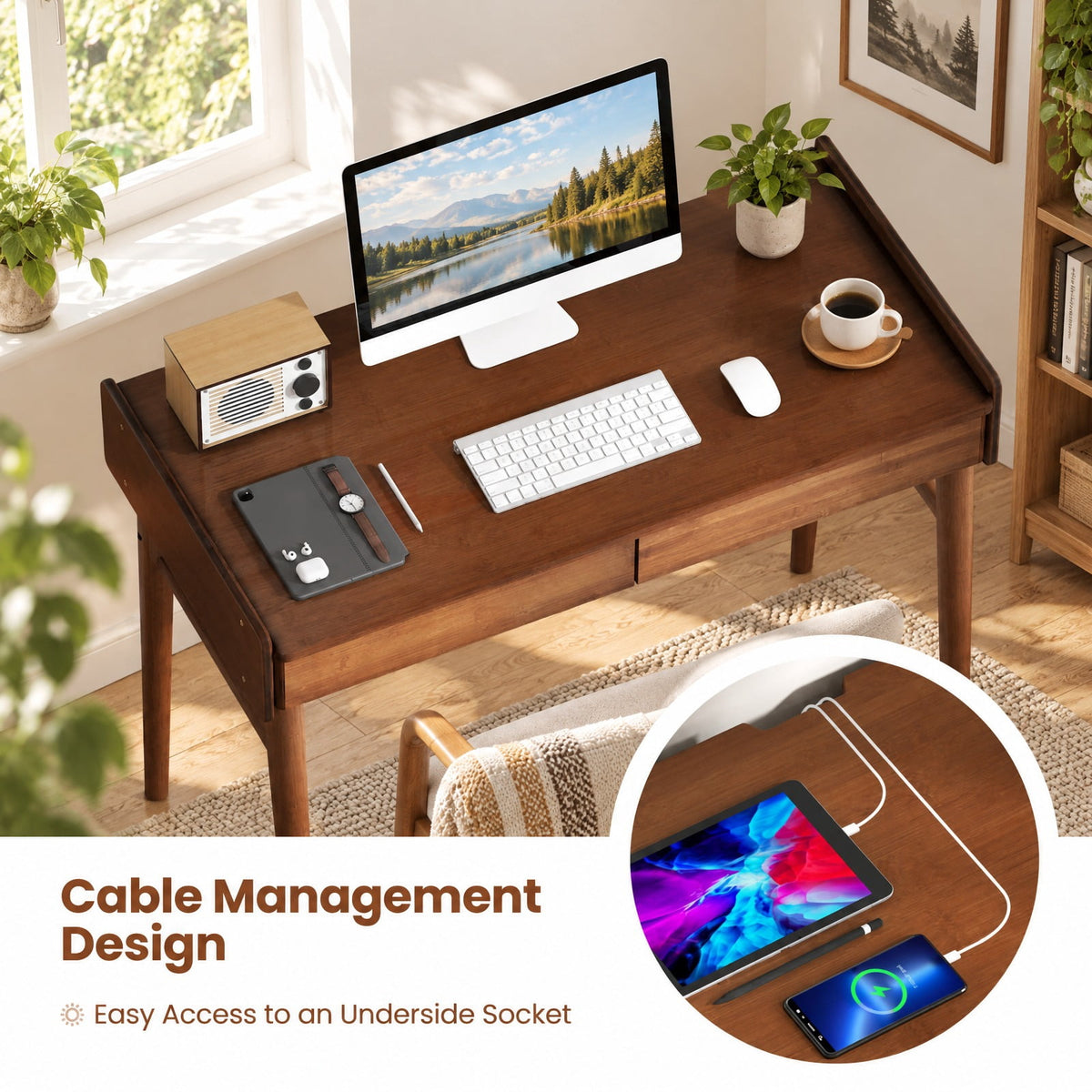 Airfind Bamboo Writing Desk with 2 Storage Drawers and Open Shelf, 110 lbs Capacity, Bamboo Frame, Walnut
