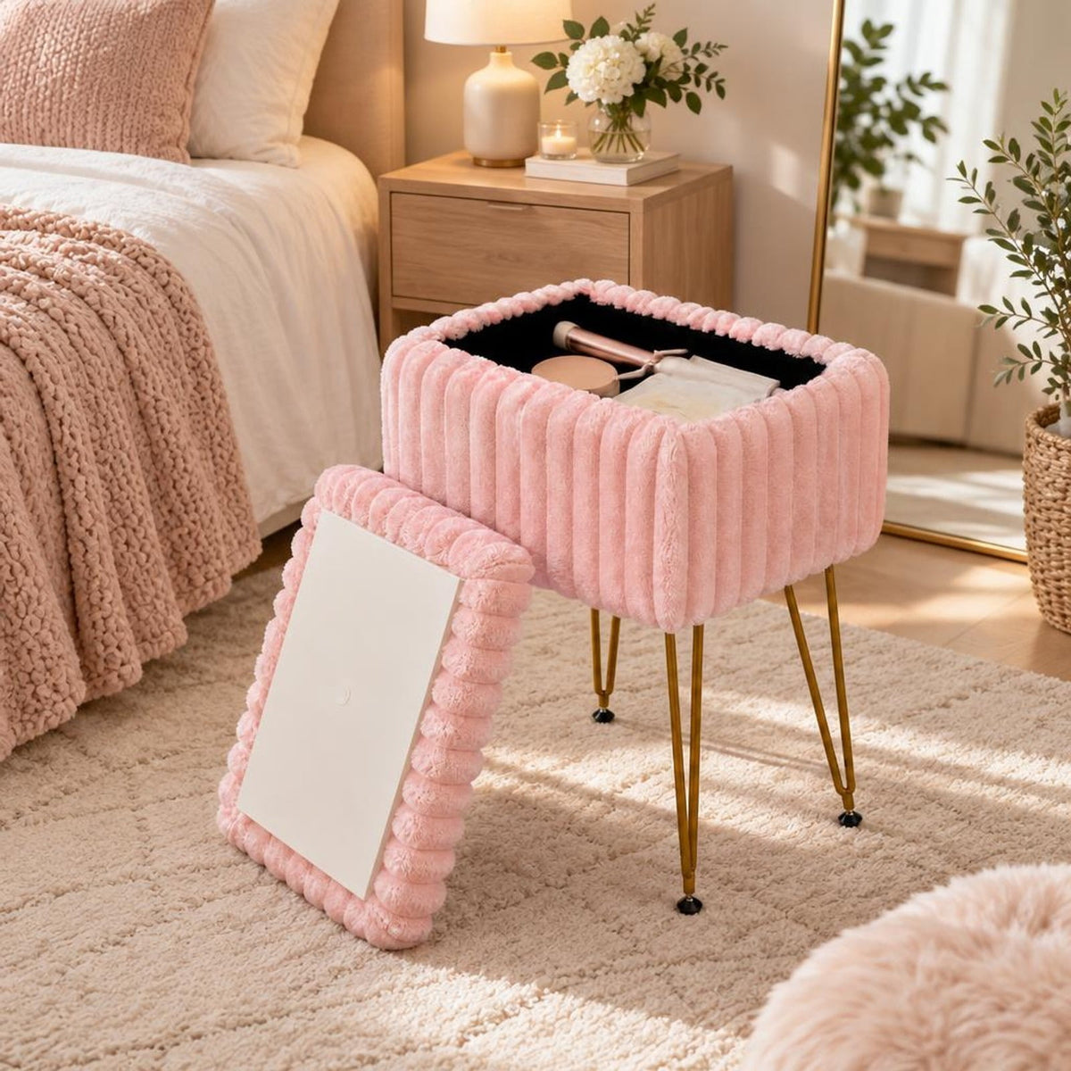 Airfind Vanity Stool with Storage and Reversible Lid Faux Fur Upholstered Ottoman, 16.5 x 13 x 22Lid Footprint, Pink